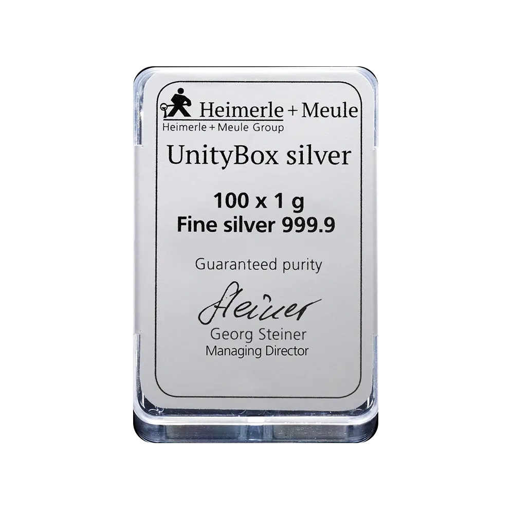 100 x 1g Silberbarren UnityBox – Heimerle & Meule